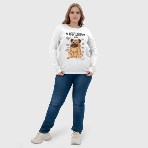 Женский лонгслив хлопок с принтом Анатомия мопса, строение собаки, фото #4
