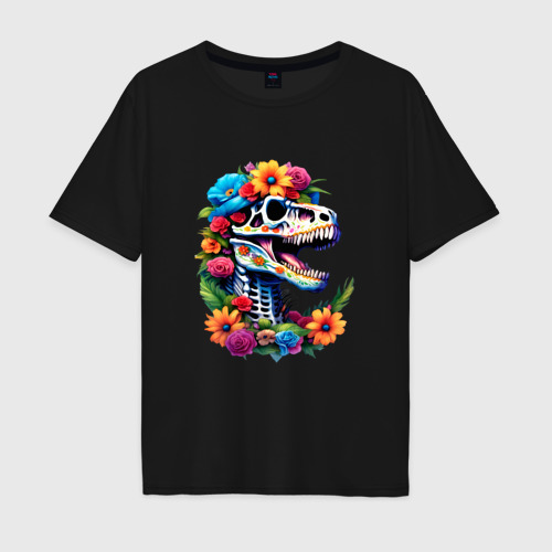 Мужская футболка хлопок Oversize с принтом Череп тираннозавра с яркими цветами, мексиканский стиль, вид спереди #2