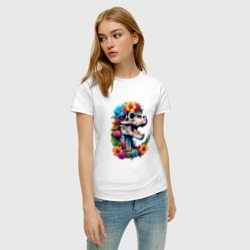 Женская футболка хлопок Череп тираннозавра с яркими цветами, мексиканский стиль - фото 2