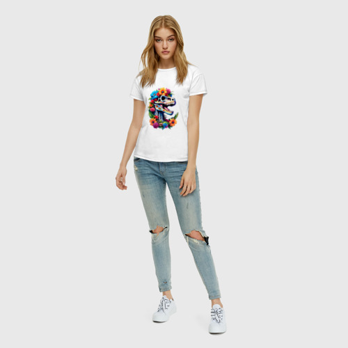 Женская футболка хлопок Череп тираннозавра с яркими цветами, мексиканский стиль, цвет белый - фото 5