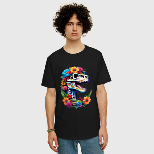 Мужская футболка хлопок Oversize с принтом Череп тираннозавра с яркими цветами, мексиканский стиль, фото на моделе #1