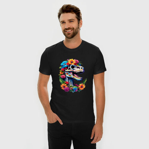 Мужская футболка хлопок Slim Череп тираннозавра с яркими цветами, мексиканский стиль, цвет черный - фото 3