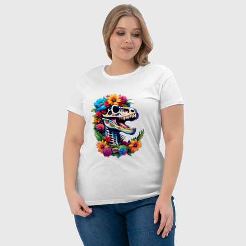 Женская футболка хлопок Череп тираннозавра с яркими цветами, мексиканский стиль, цвет белый - фото 6