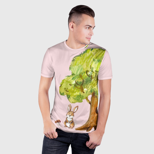Мужская футболка 3D Slim с принтом Заяц под дубом, фото на моделе #1