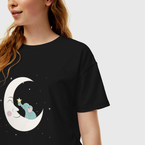 Женская футболка хлопок Oversize Слонёнок на луне, цвет черный - фото 3