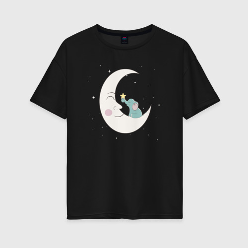 Женская футболка хлопок Oversize Слонёнок на луне, цвет черный