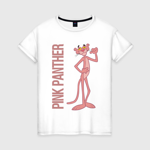 Женская футболка из хлопка с принтом Розовая пантера принт с надписью, вид спереди №1