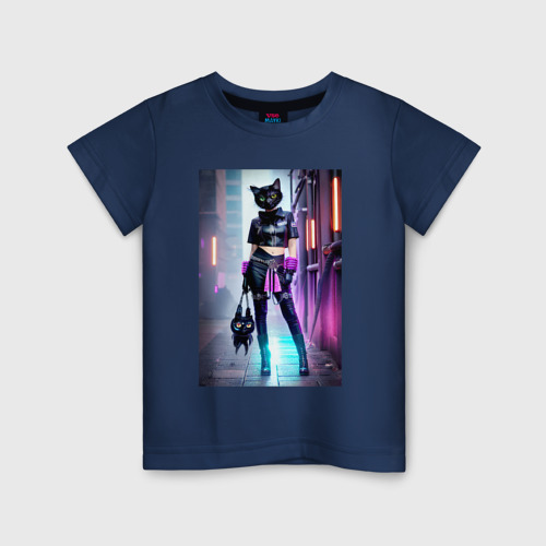 Детская футболка хлопок Крутая модная кисуля в ночном Бронксе - нейросеть, цвет темно-синий