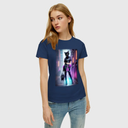 Женская футболка хлопок Крутая модная кисуля в ночном Бронксе - нейросеть - фото 2