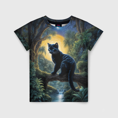 Детская футболка с принтом Черная пантера на дереве, вид спереди №1