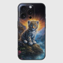 Чехол для iPhone 16 Pro Max силиконовый с защитой камеры Леопард у горного ручья