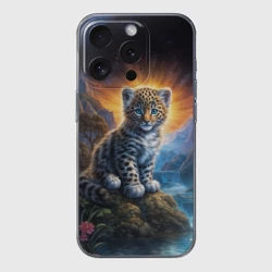Чехол для iPhone 15 Pro силиконовый с защитой камеры Леопард у горного ручья