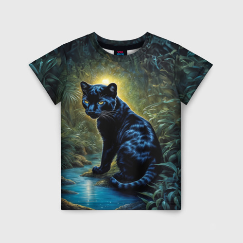 Детская футболка с принтом Черная пантера в джунглях, вид спереди №1