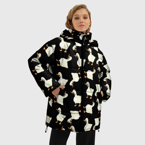 Женская зимняя куртка Oversize Паттерн с гусями, цвет черный - фото 3