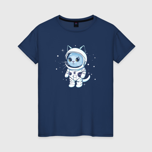 Женская футболка хлопок с принтом Котик в космосе, вид спереди #2
