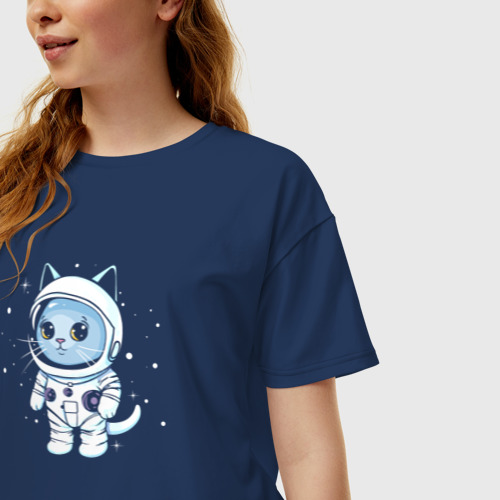 Женская футболка хлопок Oversize с принтом Котик в космосе, фото на моделе #1