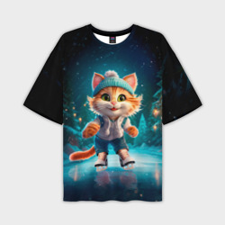 Мужская футболка oversize 3D Мультяшный котенок на коньках