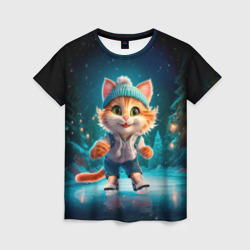 Женская футболка 3D Мультяшный котенок на коньках