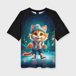 Женская футболка oversize 3D Мультяшный котенок на коньках