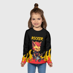Лонгслив с принтом Кот рокер — огонь для ребенка, вид на модели спереди №3. Цвет основы: белый