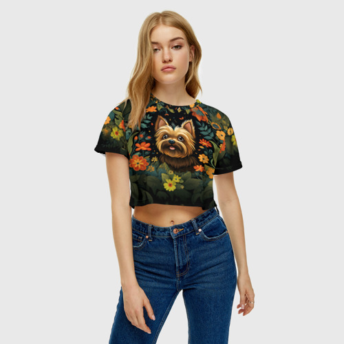 Женская футболка Crop-top 3D Йоркширский терьер в стиле фолк Арт, цвет 3D печать - фото 3