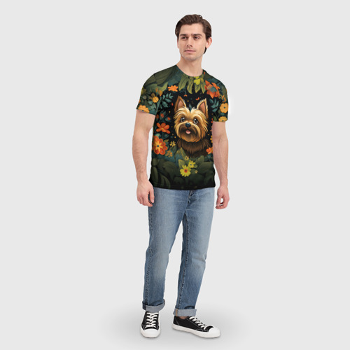 Мужская футболка 3D с принтом Йоркширский терьер в стиле фолк Арт, вид сбоку #3