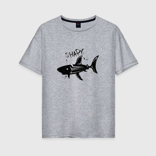 Женская футболка хлопок Oversize Трайбл акула с надписью shark, цвет меланж