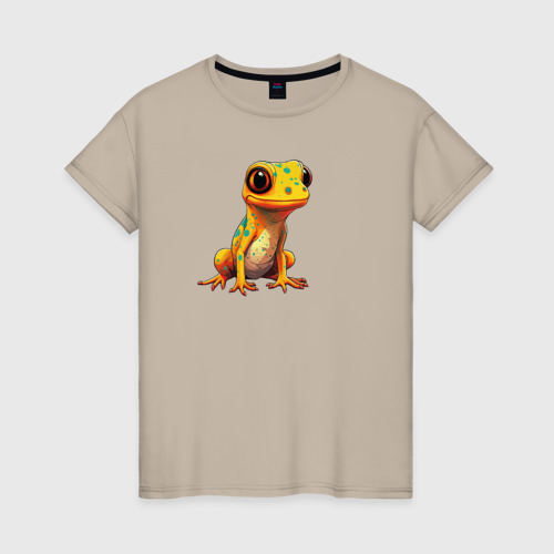 Женская футболка хлопок с принтом Желтый геккон - прикольная ящерица, вид спереди #2