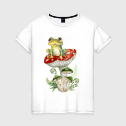 Женская футболка хлопок Лягушка на мухоморе с папоротником