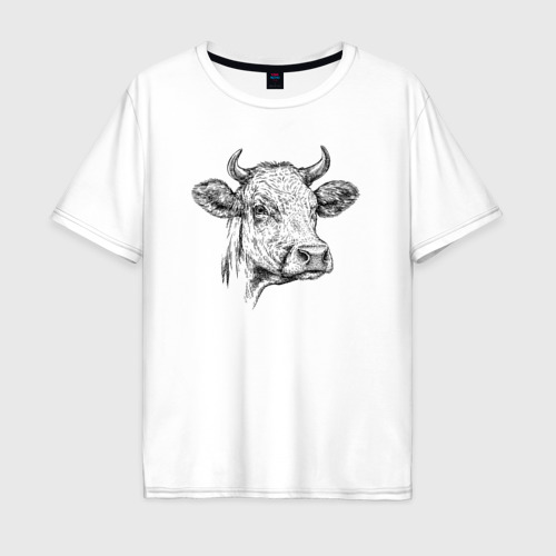 Мужская футболка оверсайз из хлопка с принтом Корова голова, вид спереди №1