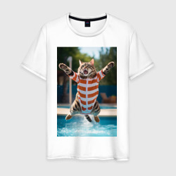 Мужская футболка хлопок Полосатый кот пловец в прыжке