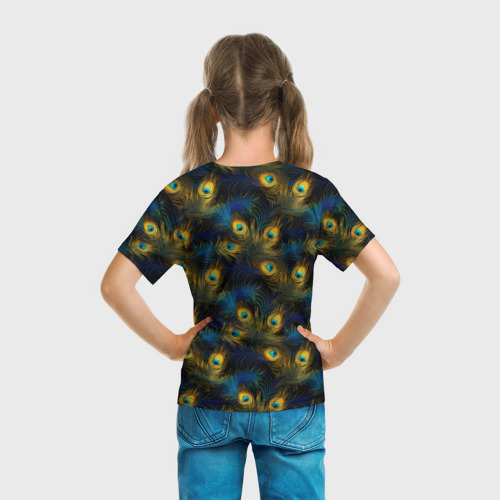 Детская футболка 3D с принтом Перья павлина на черном фоне, вид сзади #2