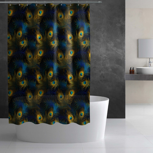 Штора 3D для ванной Перья павлина на черном фоне - фото 3