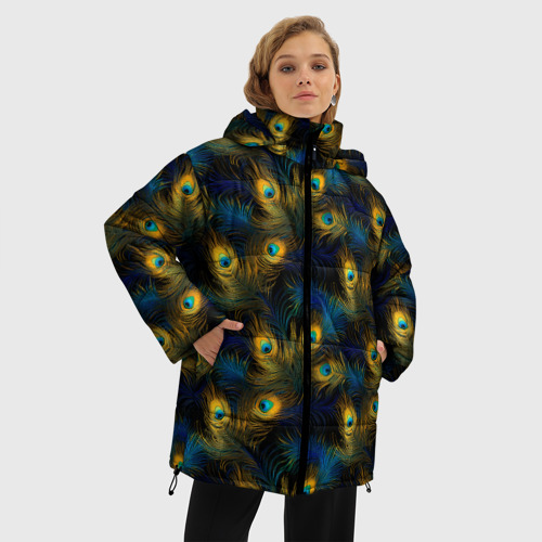 Женская зимняя куртка Oversize Перья павлина на черном фоне, цвет черный - фото 3