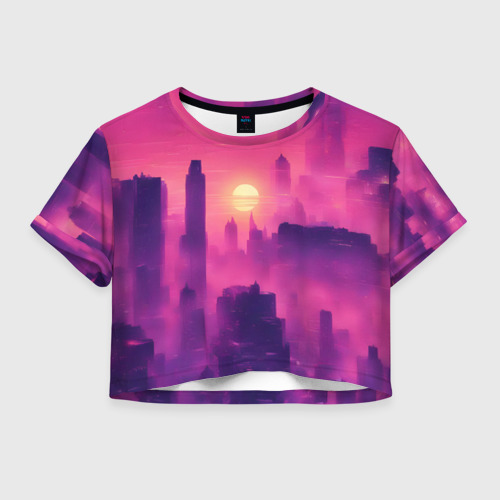 Женская футболка Crop-top 3D Розовый город Retrowaves, цвет 3D печать