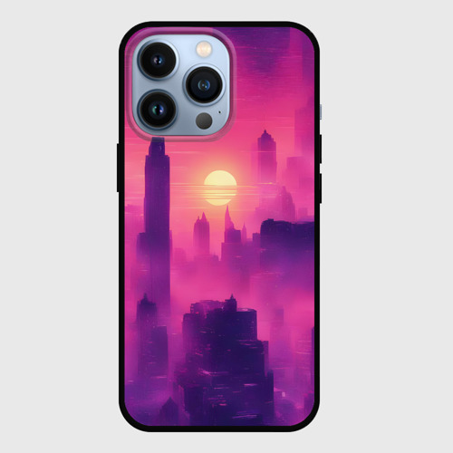Чехол для iPhone 13 Pro с принтом Розовый город Retrowaves, вид спереди #2