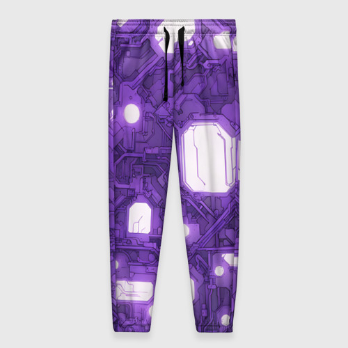 Женские брюки 3D с принтом Фиолетовые кибернетические схемы неон, вид спереди #2