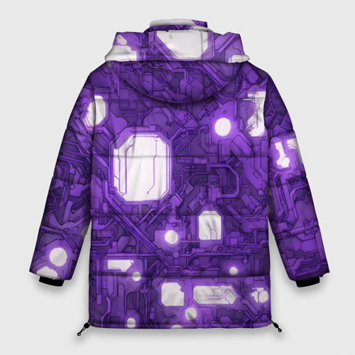 Женская зимняя куртка 3D с принтом Фиолетовые кибернетические схемы неон, вид сзади #1