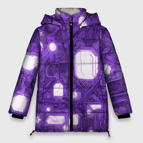 Женская зимняя куртка 3D с принтом Фиолетовые кибернетические схемы неон, вид спереди #2