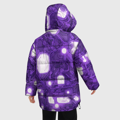 Женская зимняя куртка 3D с принтом Фиолетовые кибернетические схемы неон, вид сзади #2