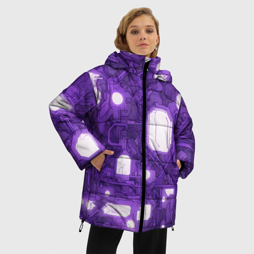 Женская зимняя куртка 3D с принтом Фиолетовые кибернетические схемы неон, фото на моделе #1