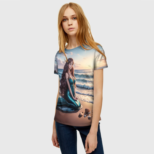 Женская футболка 3D Русалочка на берегу среди ракушек, цвет 3D печать - фото 3