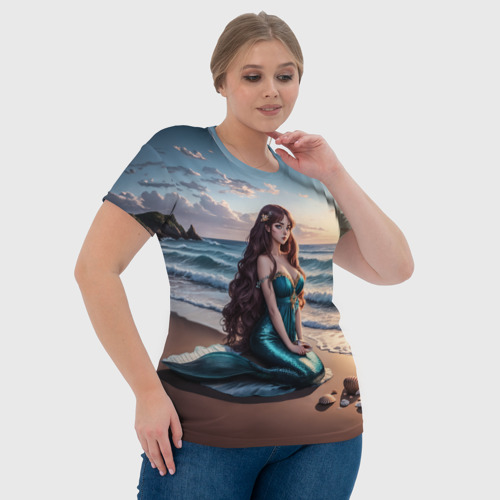 Женская футболка 3D Русалочка на берегу среди ракушек, цвет 3D печать - фото 6