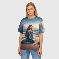 Женская футболка oversize 3D Русалочка на берегу среди ракушек - фото 2