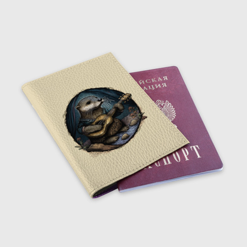 Обложка для паспорта матовая кожа Выдра с гитарой в палатке у реки , цвет фиолетовый - фото 3