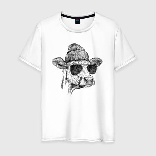 Мужская футболка из хлопка с принтом Корова на стиле, вид спереди №1