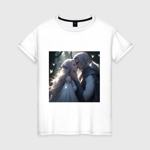 Женская футболка из хлопка с принтом Влюбленные эльфы, вид спереди №1