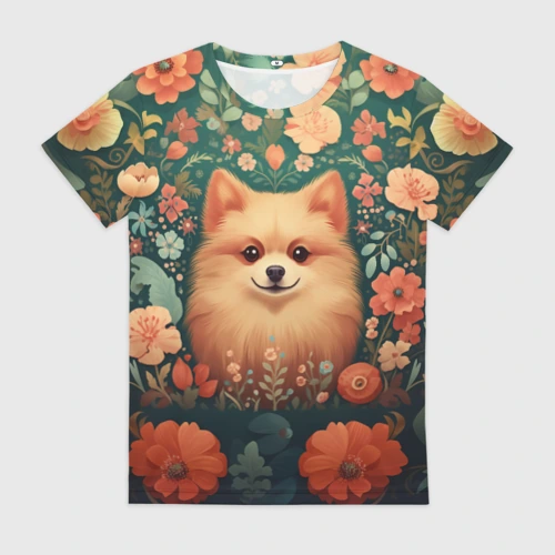 Женская футболка 3D с принтом Шпиц в стиле Фолк Арт, вид спереди #2