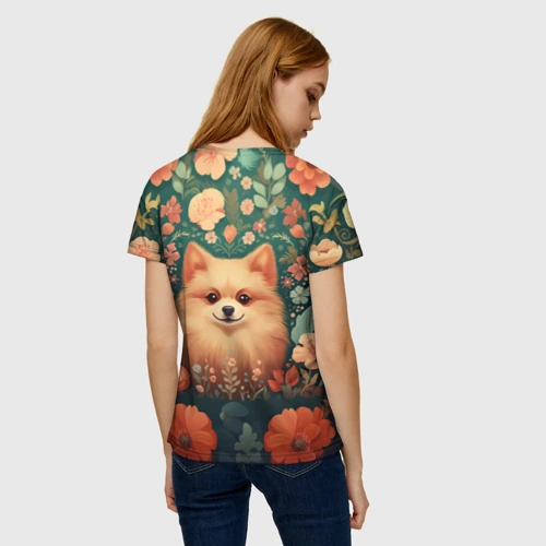 Женская футболка 3D с принтом Шпиц в стиле Фолк Арт, вид сзади #2