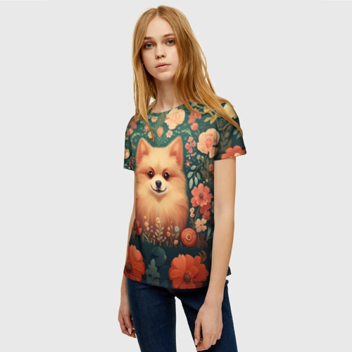 Женская футболка 3D с принтом Шпиц в стиле Фолк Арт, фото на моделе #1